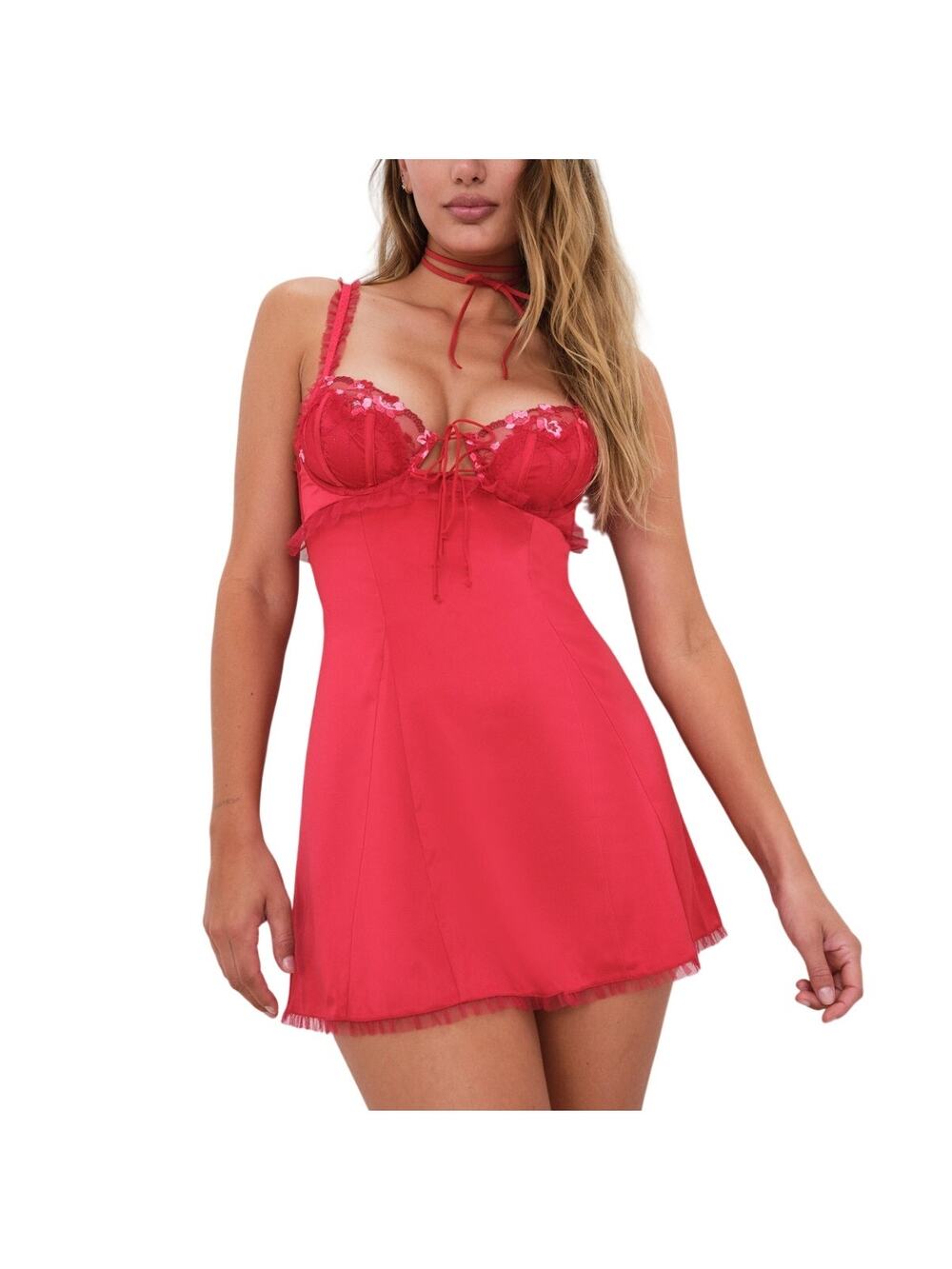 For Love & Lemons Lace Trimmed Red Evie Slip Dress Size XXS